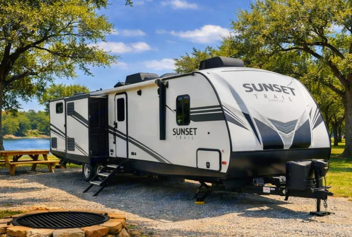 RV rental: A Sunset Trail travel trailer parked at a sunny lakeside campsite with a picnic table and fire pit.. Crossroads RV Sunset Trail Super Lite 2019