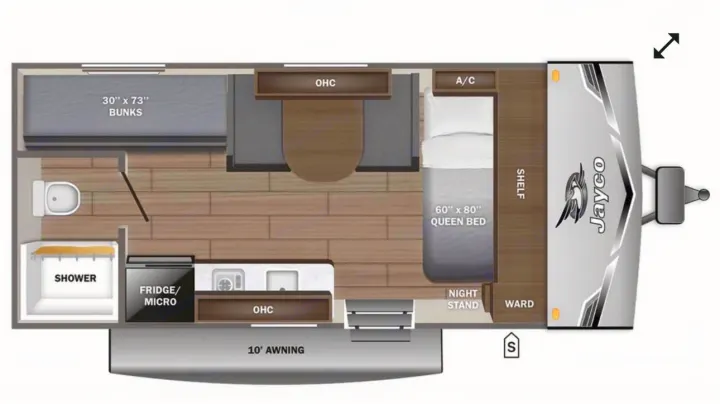 RV rental floor plan: Jayco travel trailer showing queen bed, bunks, kitchen, and bathroom layout.. Jayco Jayco 2026
