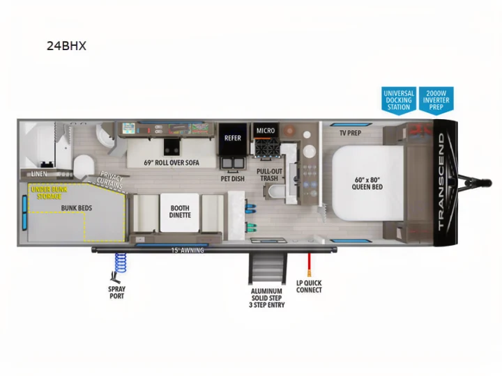 This 24BHX RV rental floor plan details a queen bed, bunk beds, kitchen, and bath, plus a 15' awning and inverter prep.. Grand Design Transcend Xplor 2026