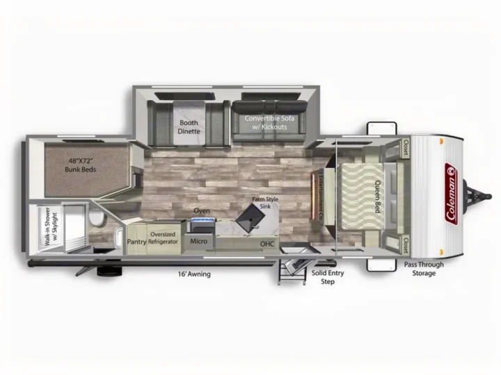 Detailed RV rental floor plan of a Coleman travel trailer: queen bed, bunk beds, dinette, convertible sofa, full kitchen, and bath.. Dutchmen Coleman Lantern LT 2024