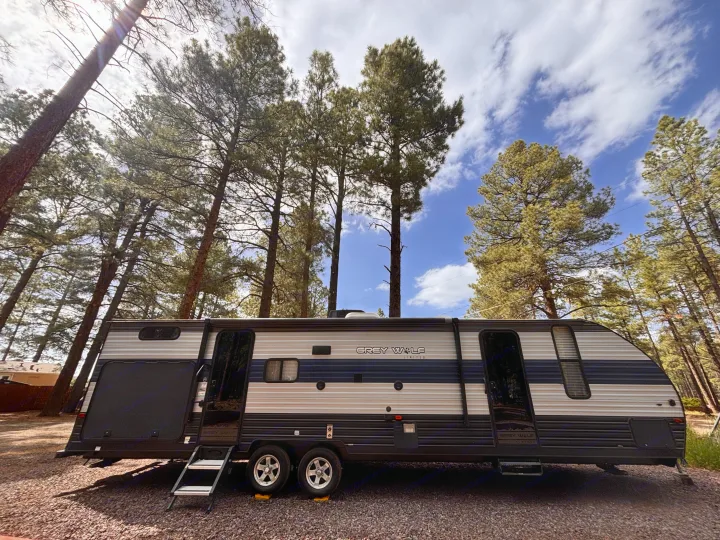 A Grey Wolf rv rental travel trailer parked on gravel amidst tall pine trees, ready for your forest camping trip.. Forest River Cherokee Grey Wolf 2021