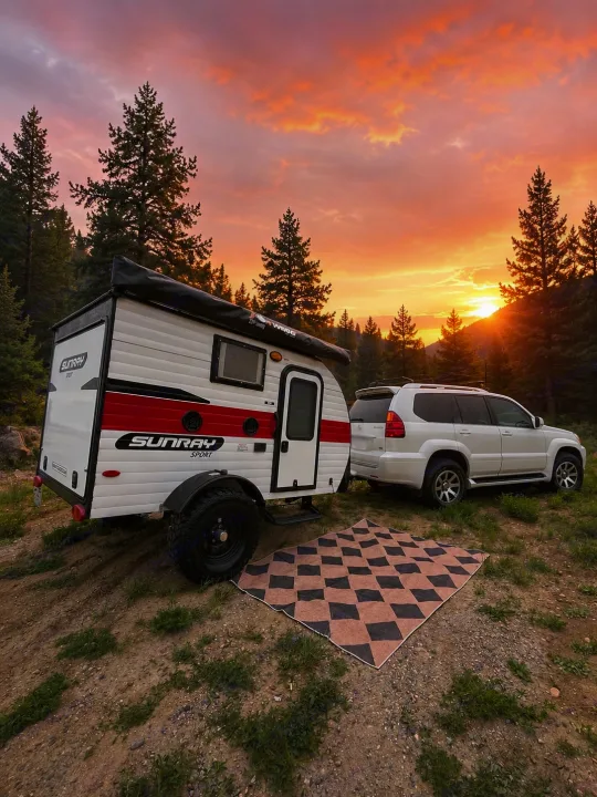 RV rental: A Sunray Sport teardrop camper & Lexus GX SUV parked amidst pines at a stunning sunset. Checkerboard mat set up for camping.. Sunset Park RV SunRay 2021