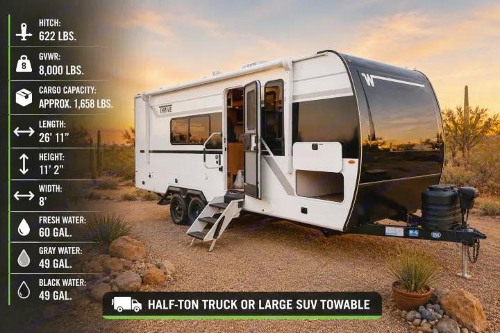 Thrive RV rental: This 26'11" travel trailer with 8,000 lbs GVWR is half-ton truck towable. View specs for your adventure.. Winnebago Thrive 2026