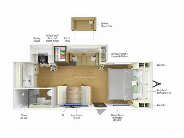 RV rental floor plan: Detailed travel trailer layout showing kitchen, dinette, bath, and Olympic Queen Murphy Bed amenities.. Winnebago Thrive 2026