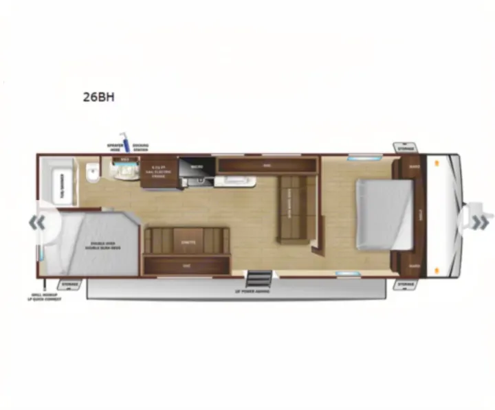 This 26BH RV rental floor plan shows a travel trailer interior: master bed, bunk beds, kitchen, and bathroom. Family-friendly layout.. Highland Ridge RV Open Range 2023