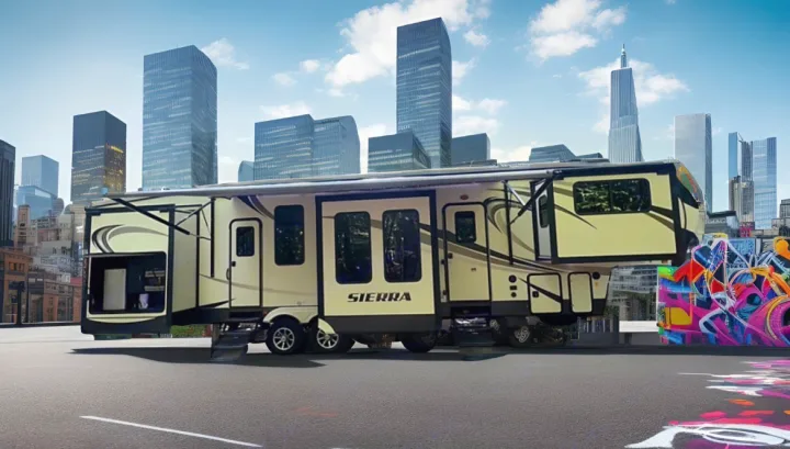 A spacious fifth-wheel RV rental, with slide-outs open & awning out, in an urban backdrop with a city skyline and graffiti.. Forest River Sierra 2017
