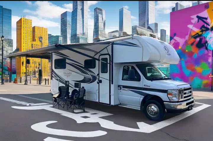 Urban RV rental adventure: A white motorhome with an extended awning and chairs, parked against a city skyline and vibrant graffiti.. Nexus Triumph 23T 2020