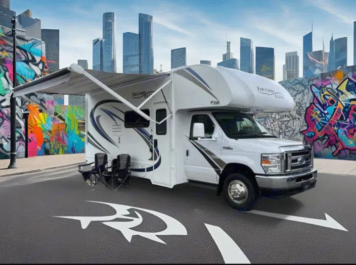 Urban RV rental adventure: White motorhome with awning and chairs parked near graffiti art and a modern city skyline.. Thor Motor Coach Freedom Elite 2019