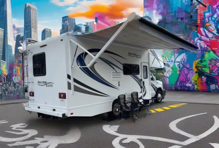This Freedom Elite rv rental, a Class C motorhome with an extended awning and chairs, is parked in a vibrant urban setting.. Thor Motor Coach Freedom Elite 2019