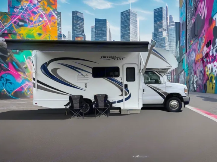 Experience urban adventure with this Freedom Elite rv rental. White motorhome parked near a city skyline and vibrant graffiti walls.. Thor Motor Coach Freedom Elite 2019