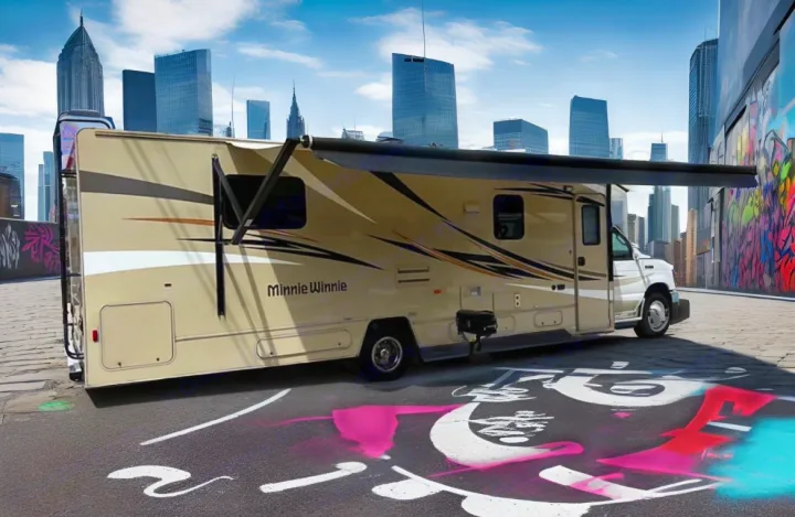Minnie Winnie RV rental parked in a vibrant urban setting with graffiti on the ground and a city skyline in the background.. Winnebago Minnie Winnie 2015