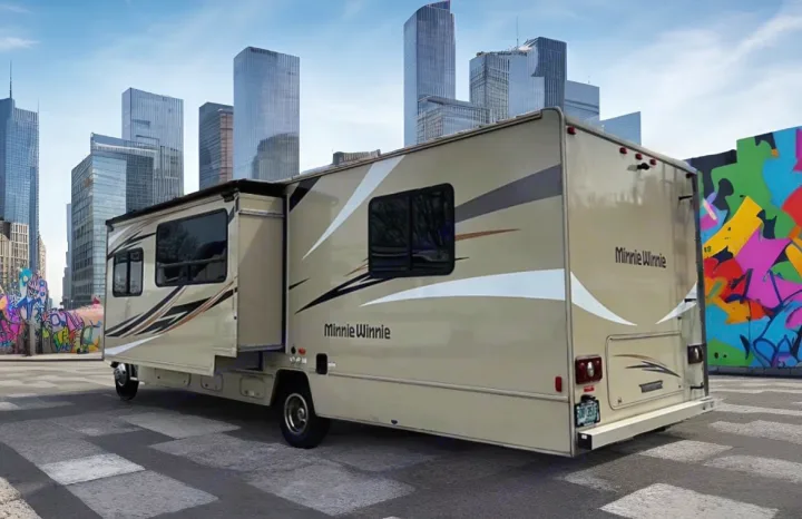 Minnie Winnie RV rental with a slide-out extended, parked on a city street with skyscrapers and vibrant graffiti walls.. Winnebago Minnie Winnie 2015