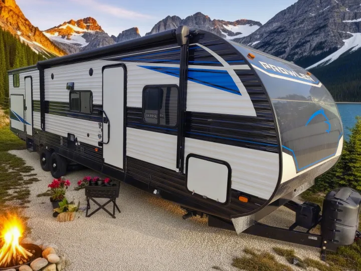 RV rental adventure: a stylish travel trailer with blue accents set by a mountain lake, with a campfire and flowers.. Heartland RVs Prowler 2022