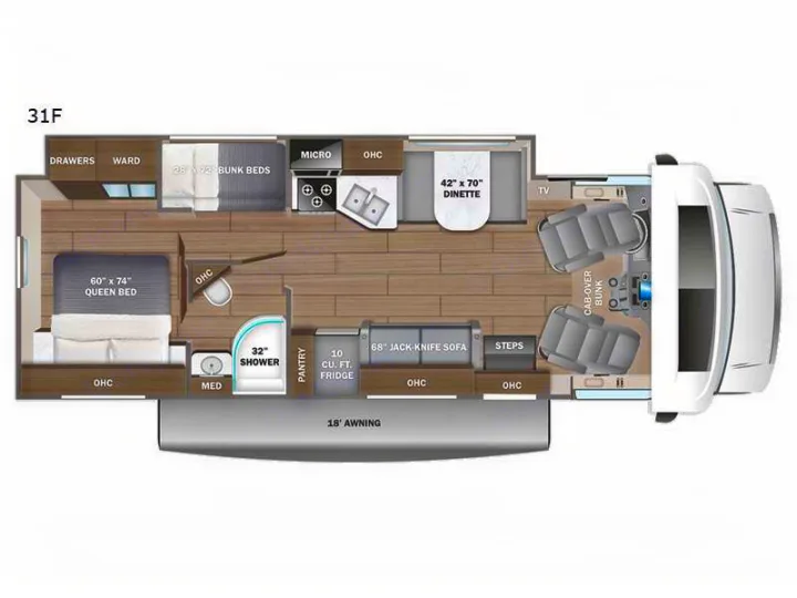 This RV rental floor plan illustrates a spacious layout with a queen bed, bunk beds, kitchen, dinette, and sofa.. Jayco Redhawk 2020