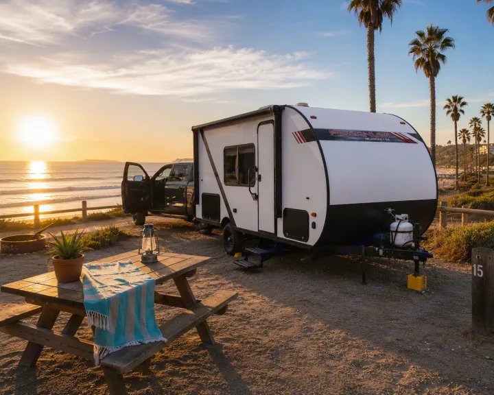 Coastal RV rental adventure awaits! Sunset beach camping with a travel trailer and stunning ocean views.. Forest River Wildwood FSX Plantium 2022