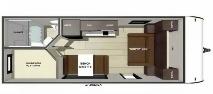 This RV rental floor plan shows a shower, double beds with storage, kitchen, dinette, and a Murphy bed.. Forest River Wildwood FSX Plantium 2022