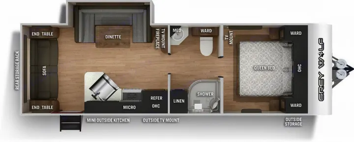 Explore this Grey Wolf rv rental floor plan: queen bed, dinette, sofa, kitchen, bathroom, and storage areas.. Forest River Cherokee Grey Wolf 2022