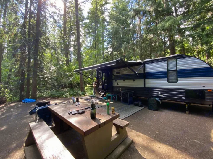 RV rental at a serene, sun-dappled forest campsite with its awning extended. A picnic table and a person are seen.. Forest River Cherokee Grey Wolf 2022