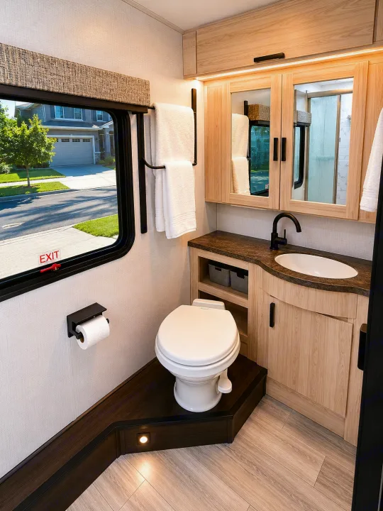 Sleek RV rental bathroom: modern vanity, sink, mirror, toilet on platform, window view. Travel comfort awaits.. Forest River Sunseeker MBS 2022
