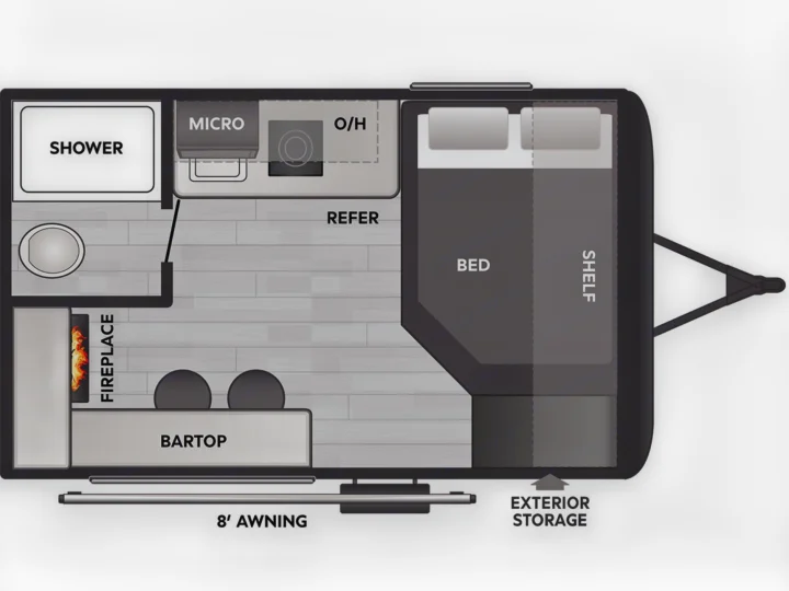 RV rental floor plan showcasing a compact layout with a shower, kitchen, bed, bartop, fireplace, and exterior storage.. Keystone RV Coleman 2026