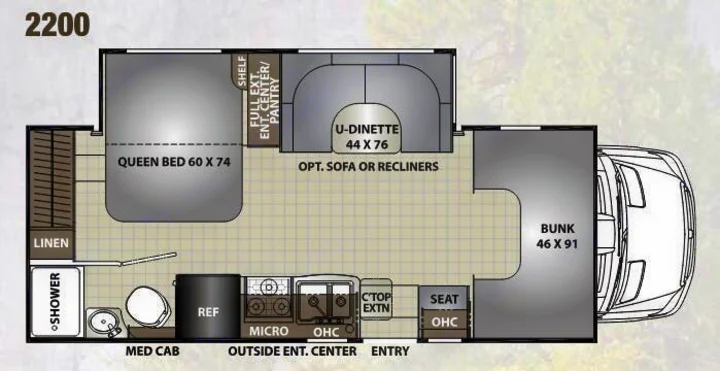 RV rental floor plan 2200: Queen bed, U-dinette, bunk over cab, kitchen, and bathroom with shower.. Forest River Coachmen Prism 2018