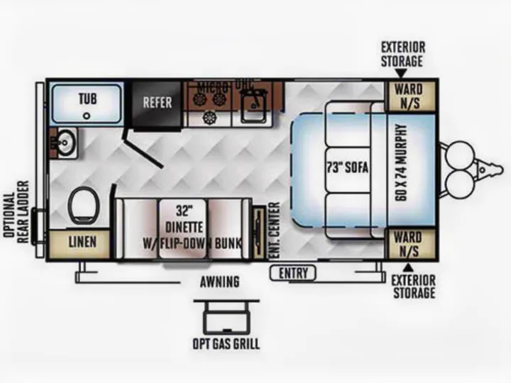 This RV rental floor plan displays a compact travel trailer with a kitchen, bathroom, dinette, sofa, and a convertible Murphy bed.. Forest River Flagstaff Micro Lite XLT 2017