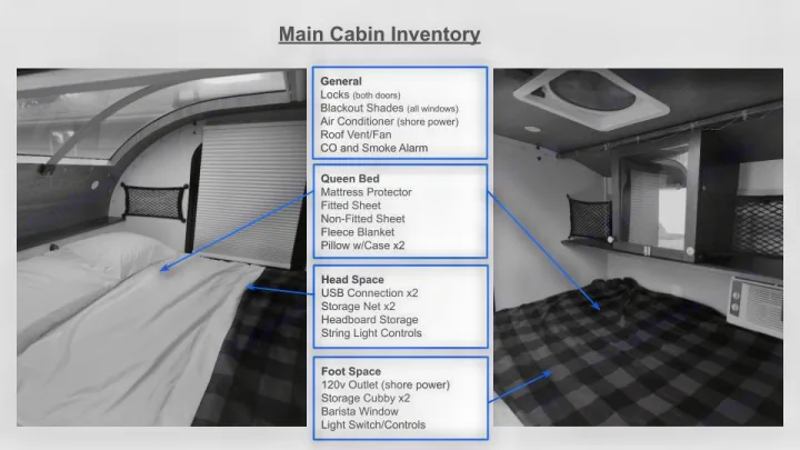RV rental cabin inventory: detailed list of main features like bedding, storage, AC, and controls, with interior photos.. Driftwood Custom 2021