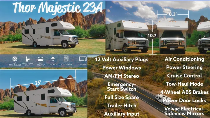 Thor Majestic 23A rv rental: 25' long, 10.7' tall, 8.3' wide. Features AC, kitchen, bath, power steering, and more.. Thor Majestic 2018