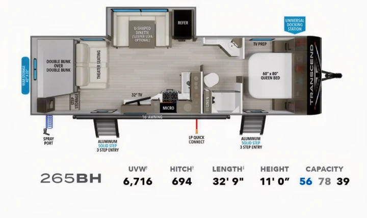 RV rental floor plan: Transcend 265BH, showing queen bed, bunk beds, dinette, kitchen, and bath. Length: 32' 9", UVW: 6,716 lbs.. Grand Design Transcend Xplor 2024