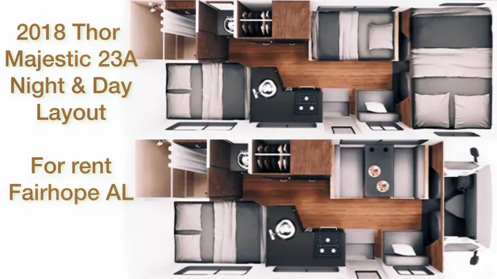 2018 Thor Majestic 23A RV rental floor plans in Fairhope, AL, showing night & day layouts for accessibility.. Thor Majestic 2018
