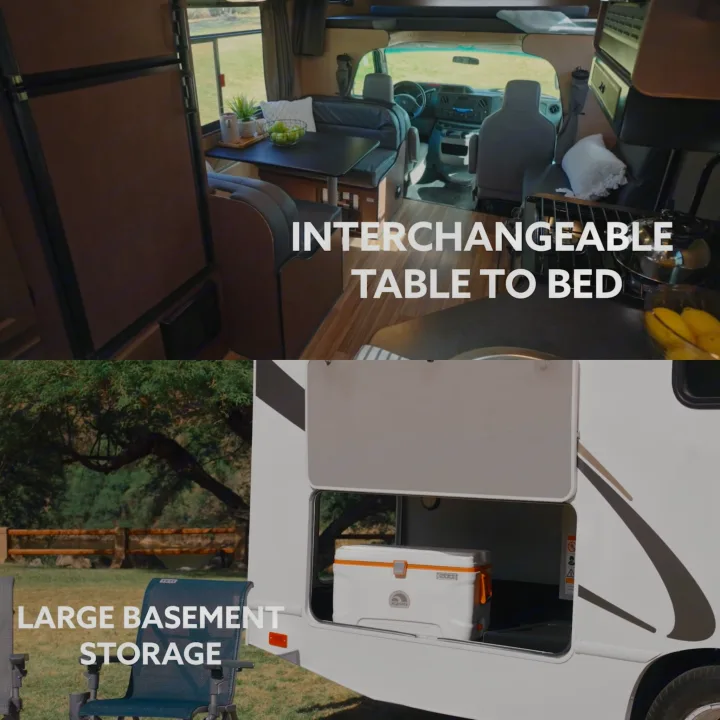 This RV rental offers versatile living with an interchangeable table to bed and large basement storage for your gear.. Thor Majestic 2018