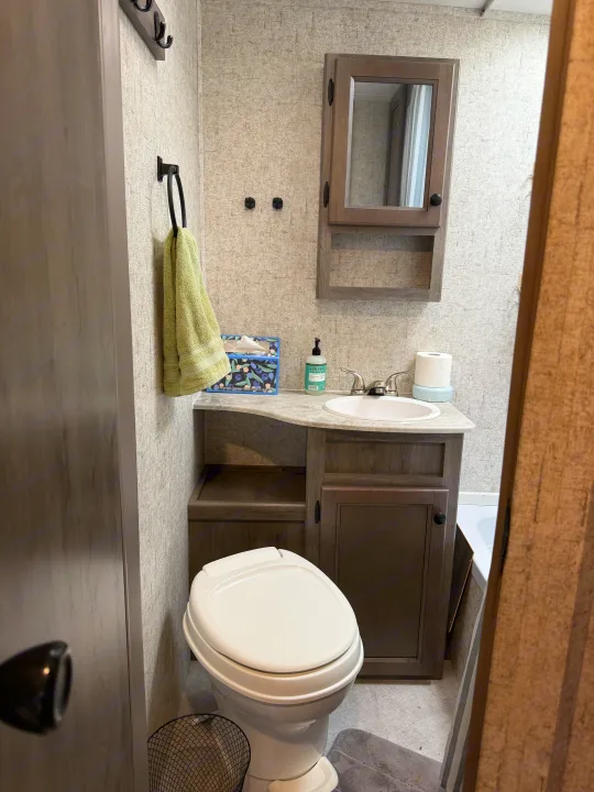 Compact RV rental bathroom featuring a toilet, sink, vanity, mirrored cabinet, and essential toiletries.. Coachmen Apex Nano 2022
