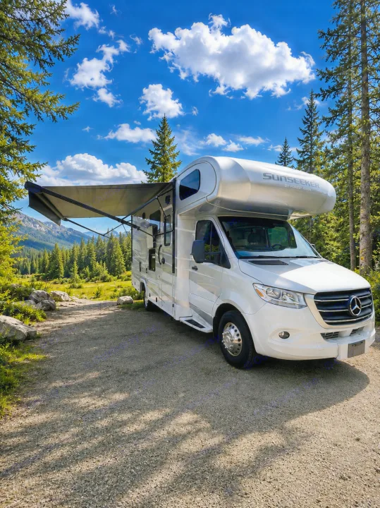 White Sunseeker RV rental with awning extended at a mountain campsite, surrounded by pines under a blue sky. Ideal for outdoor adventures.. Forest River Sunseeker MBS 2022