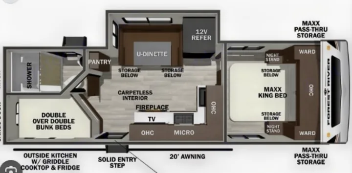 RV rental floor plan: detailed layout of a travel trailer with King bed, bunk beds, U-dinette, kitchen, and outdoor amenities.. Forest River 246DBX 2026
