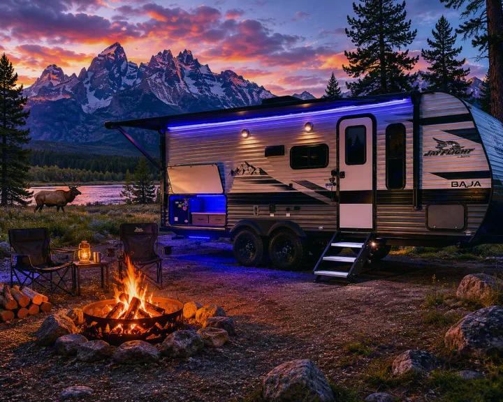 This Jayco RV rental offers stunning campsite views. Enjoy a campfire, an elk, and majestic mountains at sunset.. Jayco Jay Flight Baja Edition 2024