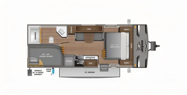 Jayco RV rental floor plan showcasing a queen bed, double bunks, kitchen, bathroom, dinette, and outdoor kitchen features.. Jayco Jay Flight Baja Edition 2024