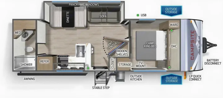 RV rental Campsite Reserve travel trailer floor plan showing a king bed, dinette, sofa, kitchen, and bathroom layout.. Forest River Campsite Reserve 2026