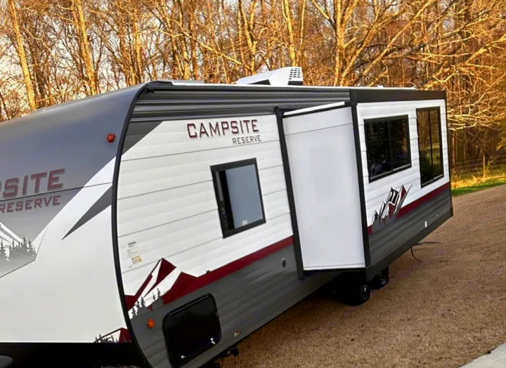 This modern "Campsite Reserve" travel trailer RV rental features an extended slide-out, perfect for a spacious camping adventure.. Forest River Campsite Reserve 2026