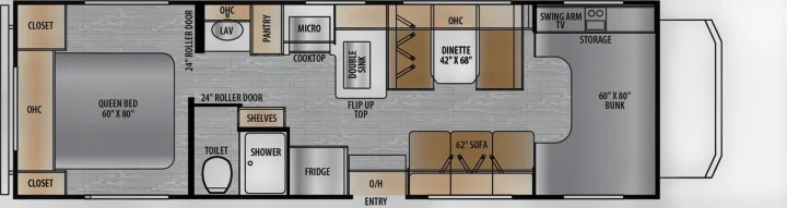 This RV rental floor plan features a queen bed, bunk, dinette, kitchen, and full bathroom layout.. 2027