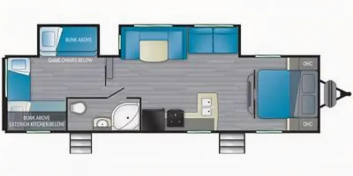 RV rental floor plan: Master bedroom, bunk beds, kitchen, bath, and spacious living area with sofa and dinette.. Heartland RVs Prowler 2022