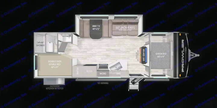 RV rental floor plan: Queen bed, bunk beds, dinette, kitchen, and shower. Features outdoor kitchen & awning.. Heartland Powler 2026