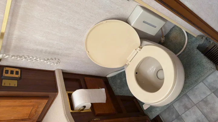 Inside an RV rental, this compact bathroom features an open cream toilet, toilet paper, and controls for pump, light, and fan.. Intermountain Rv TROPICAL 1997