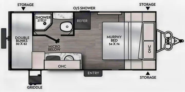 Explore this RV rental floor plan: a compact travel trailer featuring a Murphy bed, double bunks, kitchen, and full bathroom.. Coachmen RMT18R 2024