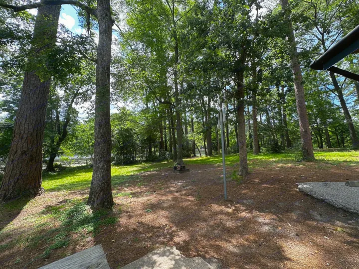 A shaded campsite with tall trees, green grass, a glimpse of water, and a fire pit. Ready for your RV rental journey.. Coachmen RMT18R 2024