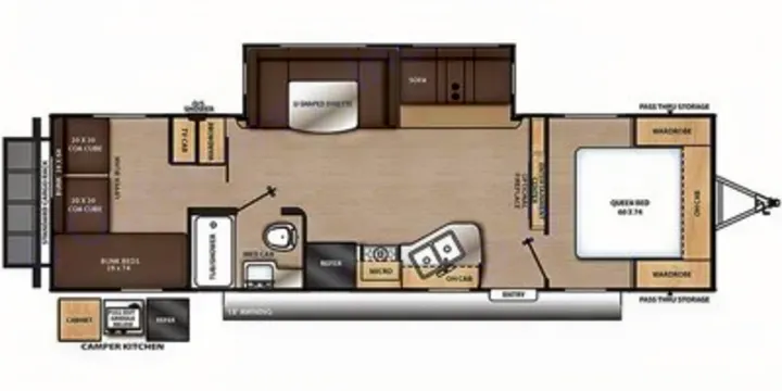 This detailed RV rental floor plan shows a queen bed, bunk beds, kitchen, bath, and living areas for comfortable travel.. Coachmen Other 2021