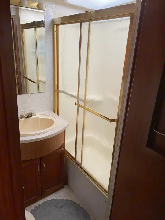 RV rental bathroom: beige sink vanity, mirror, and compact shower with brass-framed frosted glass doors.. Winnebago Chieftain 1999