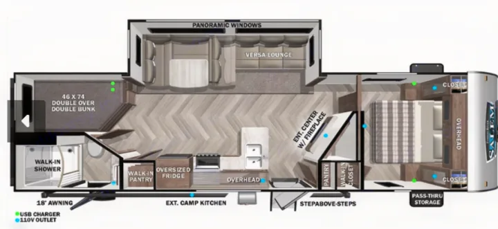 Spacious RV rental floor plan: double bunks, walk-in shower, full kitchen, master bedroom, living area, and storage.. Forest River Salem 2022