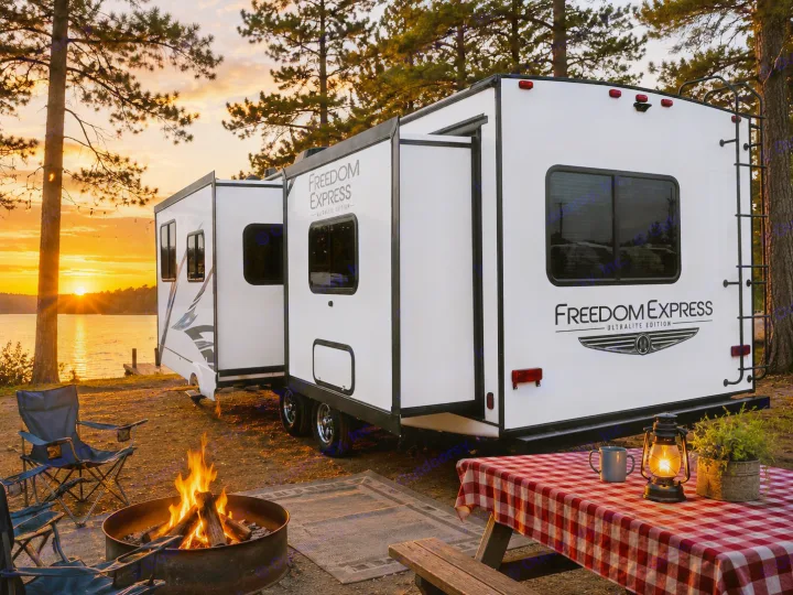 Enjoy an RV rental camping trip! Two travel trailers by a lake at sunset, with a cozy campfire and picnic table.. Coachmen Freedom Express 259FKDS 2021