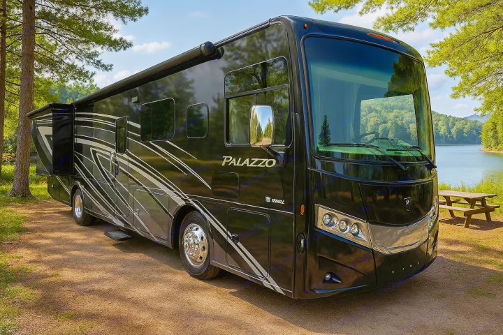 This sleek black Palazzo rv rental is parked beside a calm lake surrounded by trees, offering perfect outdoor adventures and camping.. Thor Palazzo 2023