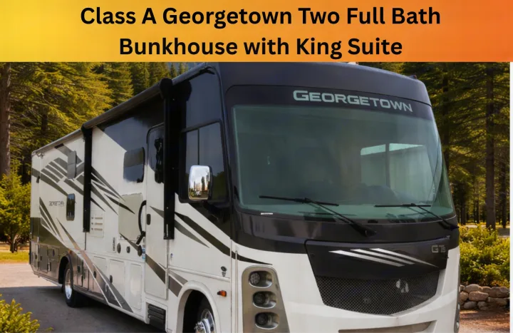 Experience luxury Class A Georgetown RV rental: bunkhouse with king suite, two full baths. White and black modern design amidst trees.. Forest River Georgetown 2020